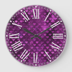 Purple Ombre Glam Hearts Pattern Large Clock