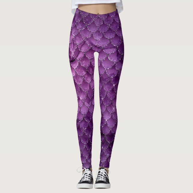 Purple Ombre Glam Mermaid Scales Pattern Leggings (Front)