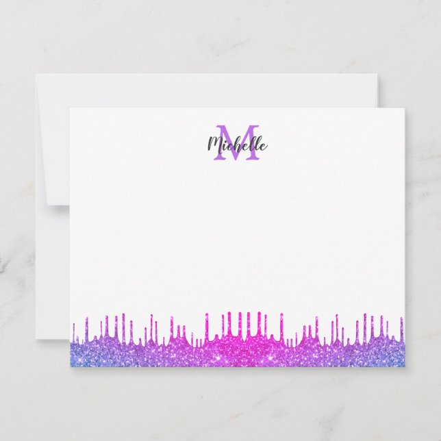 Purple Ombre Glitter Drips Script Monogrammed Card (Front)