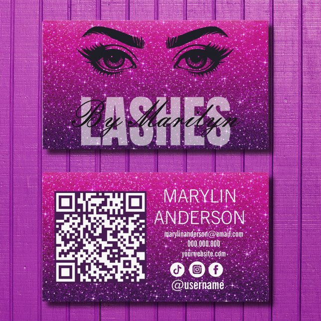 Purple Ombre Glitter Lash Technician QR Code Business Card (Creator Uploaded)
