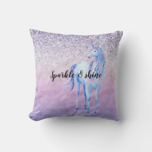 Purple Ombre Glitter Unicorn Throw Pillow