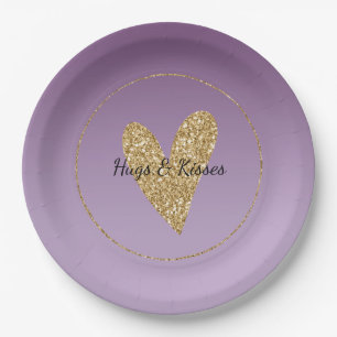 Purple Ombre Gold Glitter Heart Paper Plate
