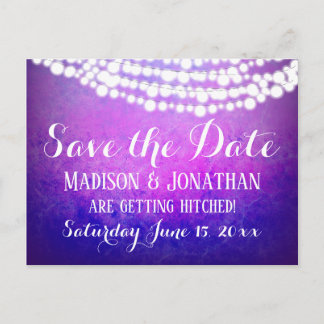 Purple Ombre String Lights Rustic Save the Date Postcard