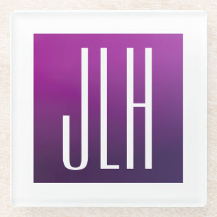 Purple Ombre & White Initials or other Text Glass Coaster