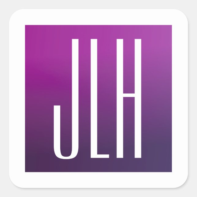 Purple Ombre & White Initials or other Text Square Sticker (Front)