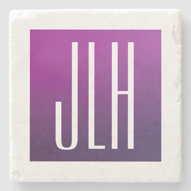 Purple Ombre & White Initials or other Text Stone Coaster (Front)