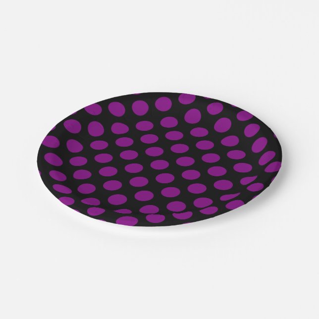 Purple on Black Large Size Polka Dots Paper Plate (Angled)