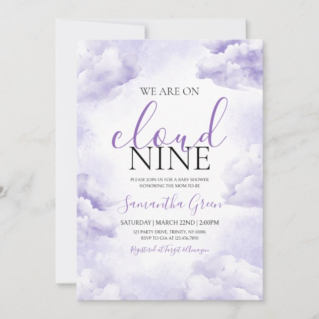 Purple On Cloud 9 Baby Shower Invitation (Front)