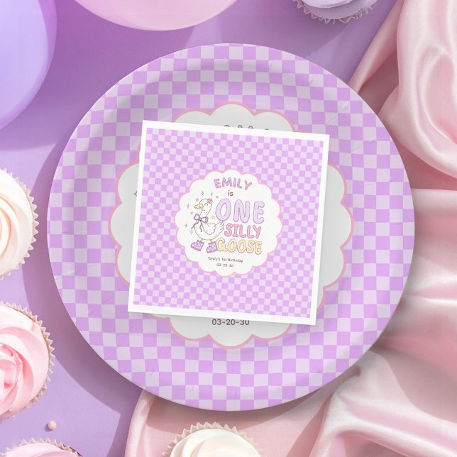 Purple One Silly Goose - Retro Girl First Birthday Napkin (Purple One Silly Goose - Retro Girl First Birthday Party Napkins. Purple Checkered Silly Goose.)