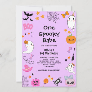 Purple One Spooky Babe Girl Halloween 1st Birthday Invitation