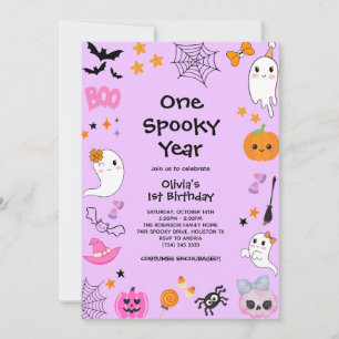 Purple One Spooky Year Cute Halloween 1st Birthday Invitation