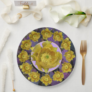 Purple opuntia cactus with cut out yellow flowers paper plate