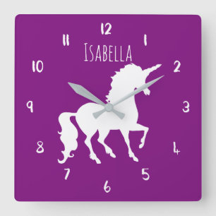Purple or Custom Colour Unicorn Personalized Kids Square Wall Clock
