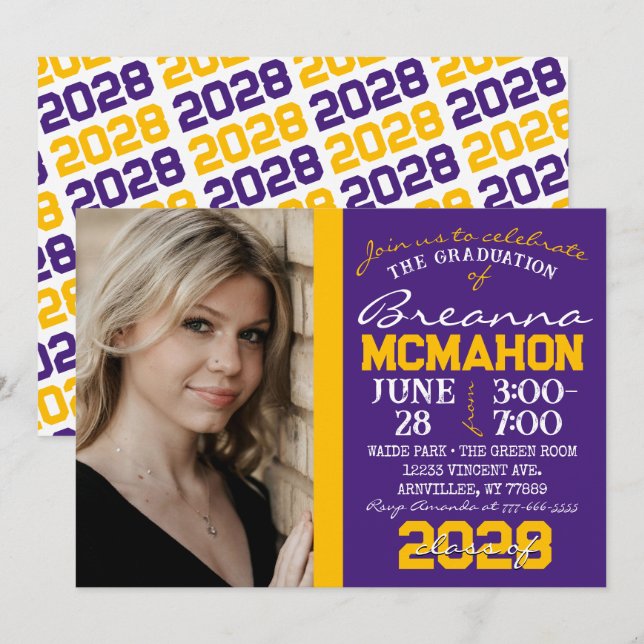 Purple & Or Moderne Graduation Photo Invitation (Devant / Derrière)