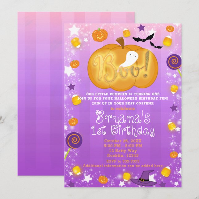 Purple & Orange 1st Birthday Halloween Party Invitation (Front/Back)
