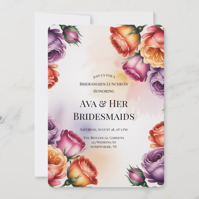 Purple Orange and Red Roses Bridesmaids Luncheon Invitation (Front)