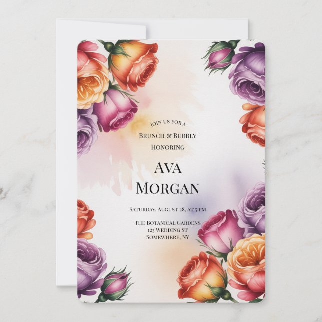 Purple Orange and Red Roses Brunch & Bubbly Invitation (Front)