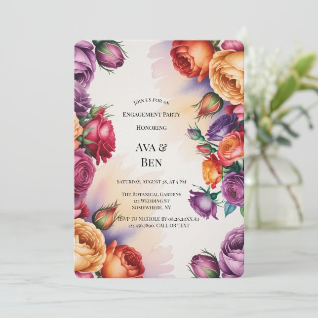 Purple Orange and Red Roses Engagement Party Invitation (Standing Front)