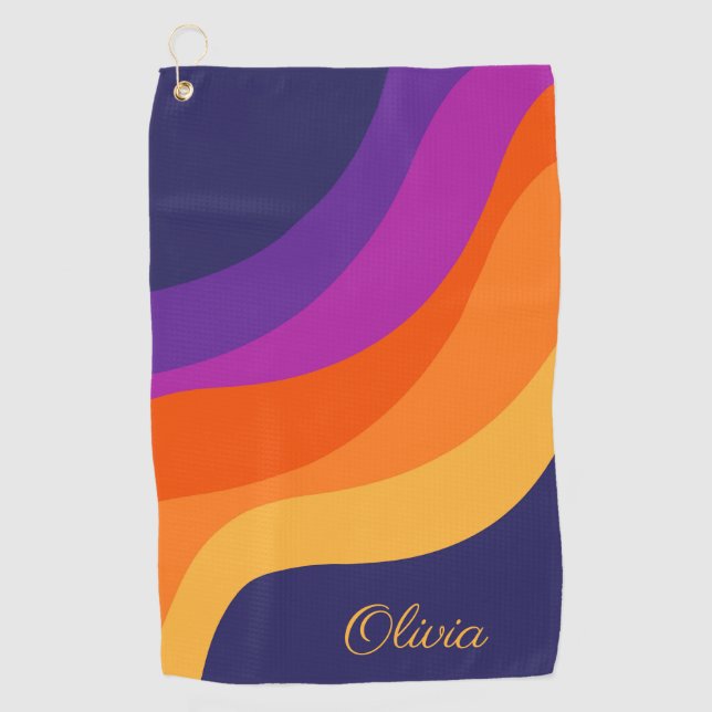 Purple orange and yellow retro diagonal waves  golf towel (Front)