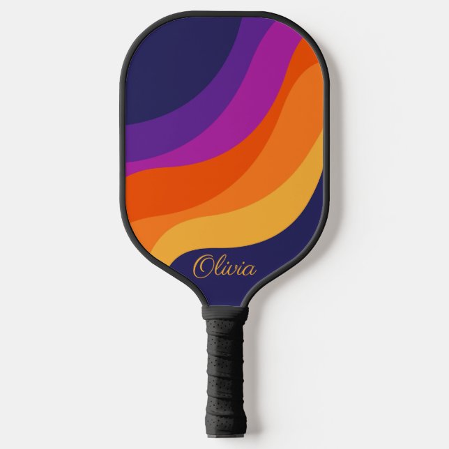 Purple orange and yellow retro diagonal waves  pickleball paddle (Front)