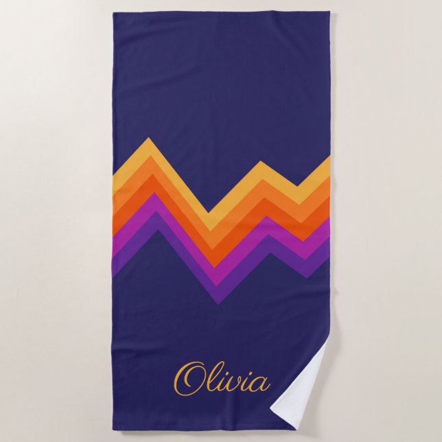 Purple, orange and yellow retro zigzag design beach towel (Front)