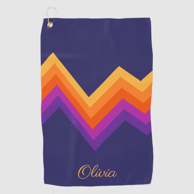 Purple, orange and yellow retro zigzag design golf towel (Front)