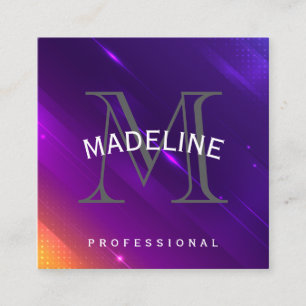 Purple Orange Background Monogram Serif Square Business Card