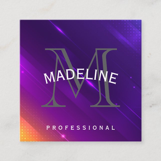 Purple Orange Background | Monogram Serif Square Business Card (Front)