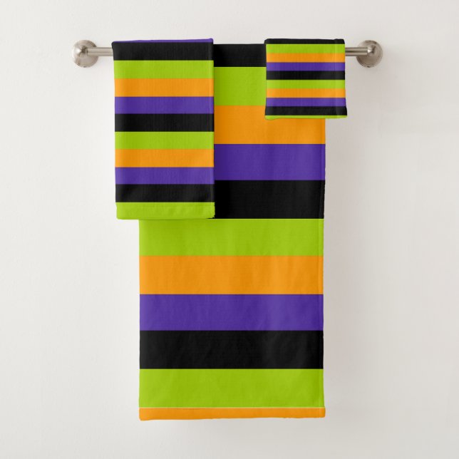 Purple Orange Black Green Witchy Stripes Halloween Bath Towel Set (Insitu)