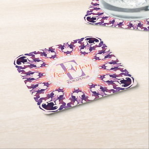 Purple Orange Bluebell Sun Monogram Paper Coasters