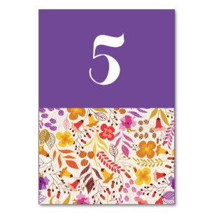 Purple Orange Boho Wildflower Foliage Wedding Table Number
