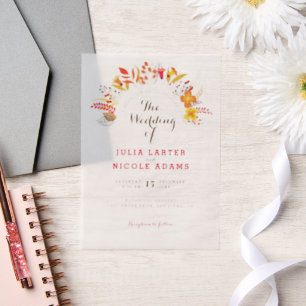 Purple Orange Boho Wildflower Foliage Wedding Vellum Invitations