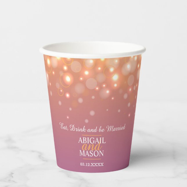 Purple orange champagne bubbles wedding paper cups (Front)