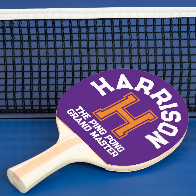 Purple orange custom monogram name and slogan ping pong paddle (Insitu)