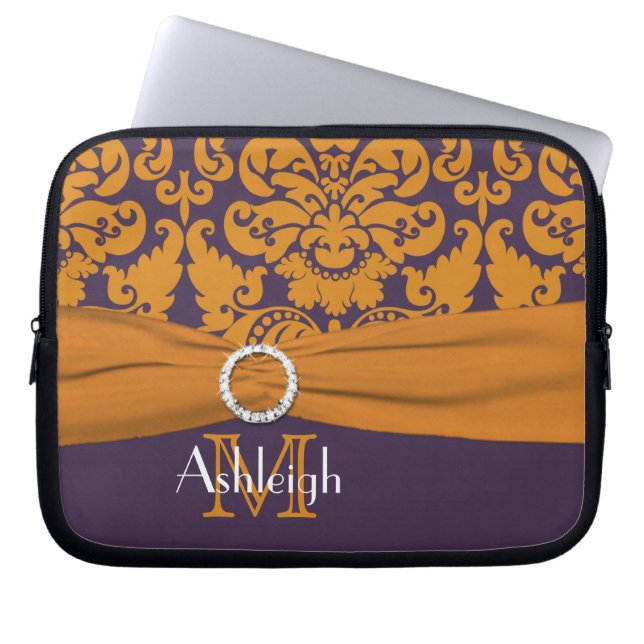 Purple Orange Damask FAUX Ribbon Laptop Sleeve (Front)