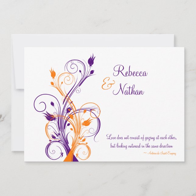 Purple, Orange, Faire-part de mariage Floral Blanc (Devant)