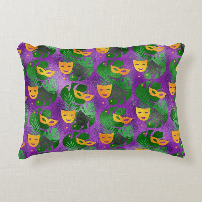 PURPLE ORANGE GOLD MARDI GRAS MASKS LEAVES ACCENT PILLOW (Front)