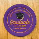Purple Orange Graduate Custom Graduation Party Paper Plate<br><div class="desc">This modern purple and orange custom graduation party paper plate features typography of your high school or college name for the class of 2024. Customize with your graduating year under the chic handwritten script and black grad cap for a great personalized graduate decor.</div>