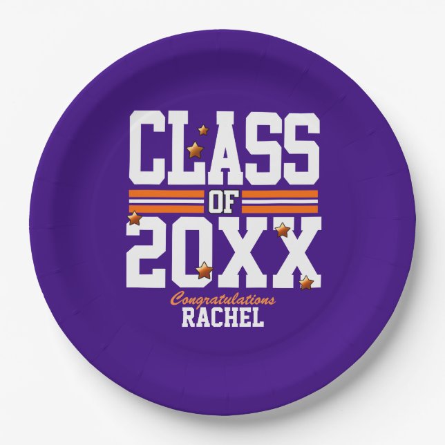 Purple|Orange Graduating Class Year Paper Plate (Front)