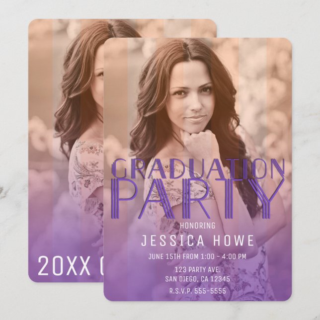Purple Orange Graduation Party Graduate Photo Invitation (Front/Back)