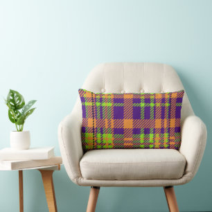 PURPLE ORANGE GREEN BLACK HALLOWEEN PLAID PATTERN LUMBAR PILLOW