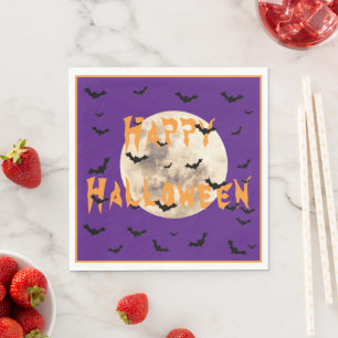 Purple Orange Happy Halloween Bats Moon Napkin