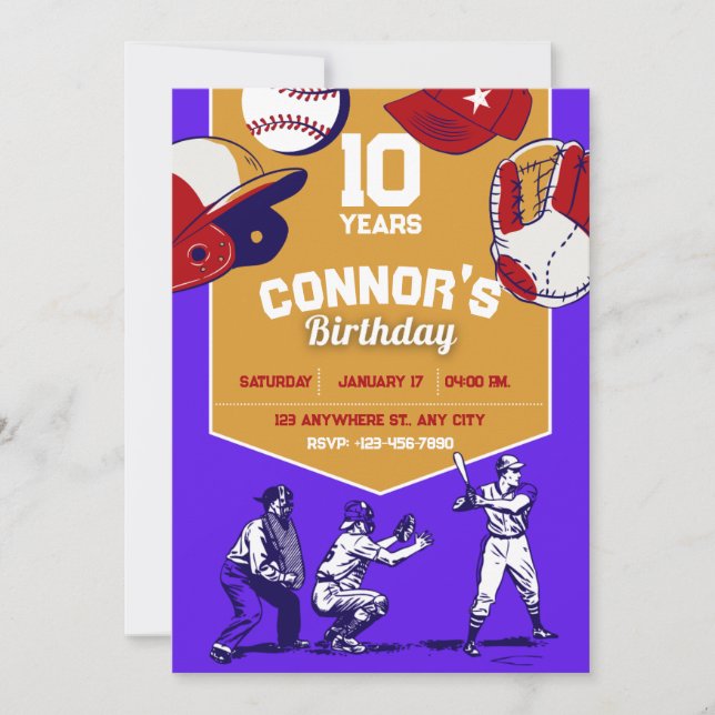 Purple & Orange llustrated baseball birthday party Invitation (Front)