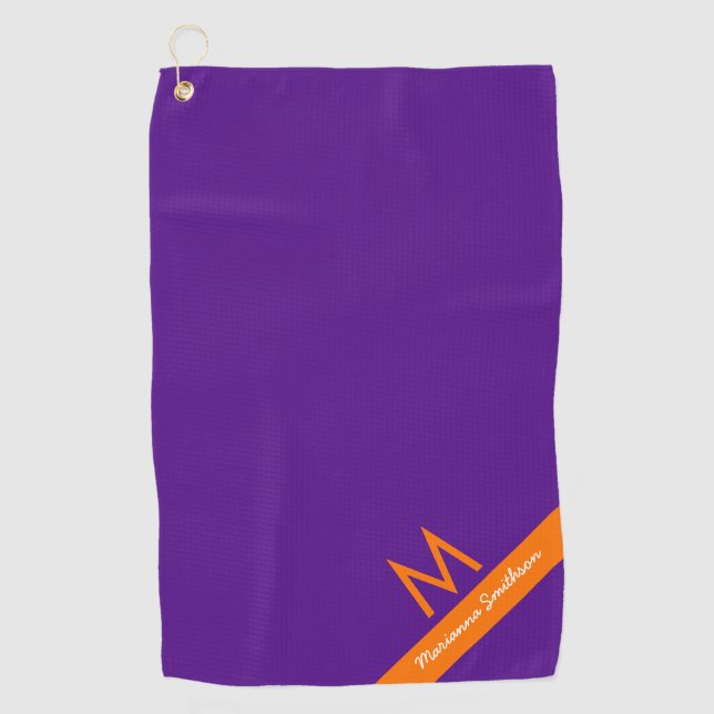 Purple Orange Modern Monogrammed Name Custom Golf Towel (Front)