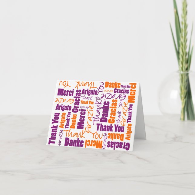 Purple Orange Multilingual Word Cloud  Typography Thank You Card (Front)