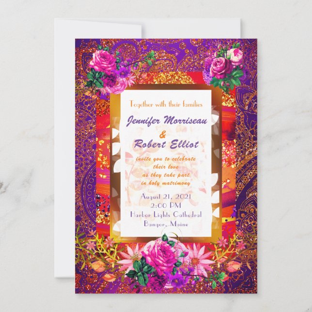 Purple Orange Paisley Floral Wedding Invitation (Back)
