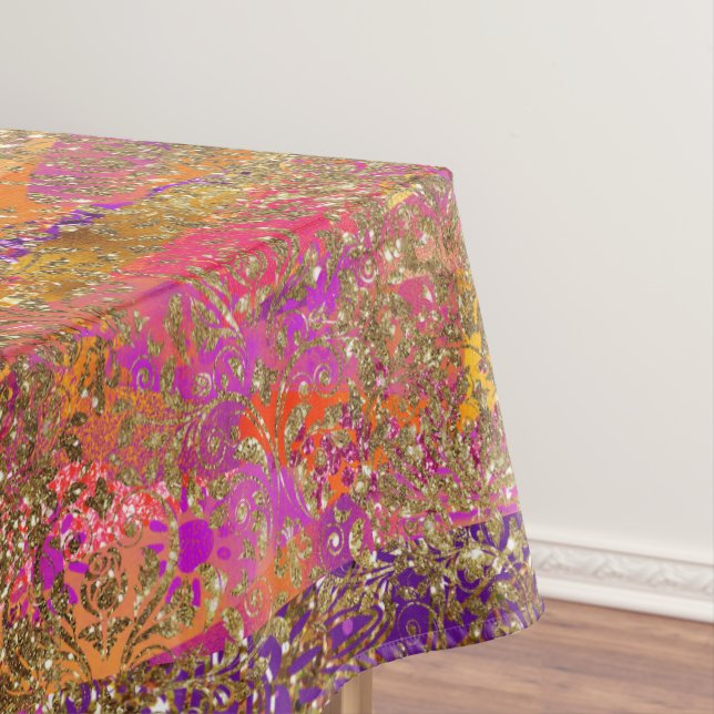 Purple Orange Paisley Gold Damask Wedding  Tablecloth (In Situ)