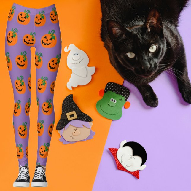 Purple Orange Personalized Happy Jack O Lantern Leggings (Cute pumpkins on purple background. Perfect for Halloween!)