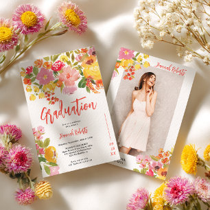 Purple Orange photo Boho floral graduation Invitation