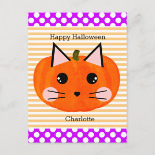 Purple Orange Pumpkin Cat Happy Halloween Postcard